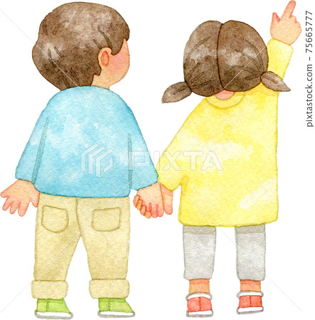 Watercolor illustration of children holding hands and pointing up (back view) 75665777