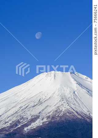 Blue sky, Mt. Fuji and the setting moon 75666241