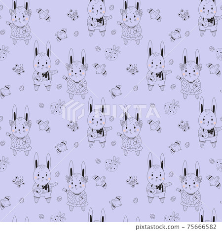 Happy Easter seamless pattern. Easter bunnies - boy and girl, decorative eggs, birds and butterflies on a blue background. Vector. Line, outline 75666582
