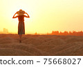 Elegant woman in long dress with straw hat standing on sand in desert, back view. Sunrise, backlight photo 75668027