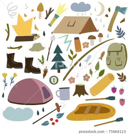 Big set of cute doodle elements of campaign and hiking theme. 75668123