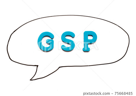 Alphabet letter with word GSP (Abbreviation of Good Storage Practice or Generalized System of Preferences or Gross State Product)in black line hand drawing as bubble speech on white board background 75668485