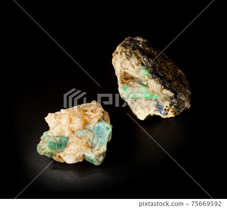 Aquamarine and emerald gemstone crystals inside feldspar rock with molybdenite, mica and apatite inclusions isolated on black background. From Ural Russia. 75669592