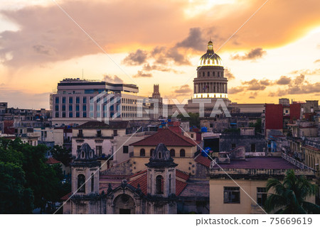 skyline of Havana, or Habana, the capital of Cuba, at dusk 75669619