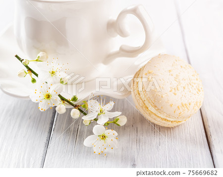 Closeup of beige macaroon and spring cherry blossom flowers against white elegant teacup. Closeup of beige macaroon and spring cherry blossom flowers against white elegant teacup. 75669682