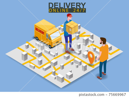 Isometric Fast Express and Delivery. Courier shipping to man a cardboard box. Free shipping, product goods 24 hour delivery. Delivery truck van, map city, 3d vector isometric illustration isolated 75669967