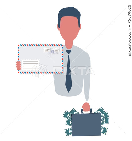 Businessman or clerk holding a suitcase with money and an envelope. Male character in simple style with objects, flat illustration. Business concept. Isolated on white background. 75670029