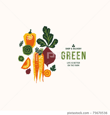 Organic papercut vegetables. Colored farm vegetables design template. Pepper, pumpkin, tomato, corn, fennel, beet. Vector illustration 75670536