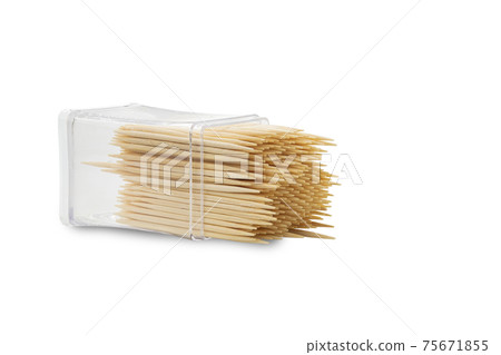 Wooden toothpicks in a box isolated on white background with Clipping Path 75671855