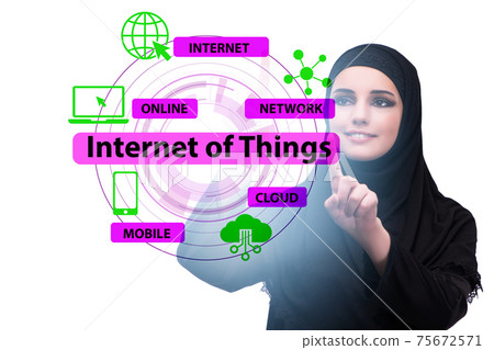 Businesswoman pressing virtual button in IoT concept 75672571