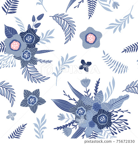 Seamless pattern with blue flowers and leaves.... - Stock Illustration ...