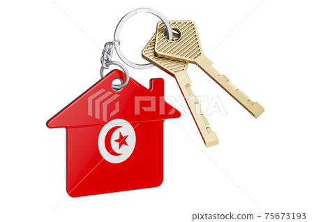 Real estate in Tunisia. Home keychain with Tunisian flag. Property, rent or mortgage concept. 3D rendering Real estate in Tunisia. Home keychain with Tunisian flag. Property, rent or mortgage concept. 3D rendering 75673193