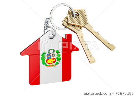Real estate in Peru. Home keychain with Peruvian flag. Property, rent or mortgage concept. 3D rendering Real estate in Peru. Home keychain with Peruvian flag. Property, rent or mortgage concept. 3D rendering 75673195