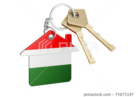 Real estate in Hungary. Home keychain with Hungarian flag. Property, rent or mortgage concept. 3D rendering Real estate in Hungary. Home keychain with Hungarian flag. Property, rent or mortgage concept. 3D rendering 75673197