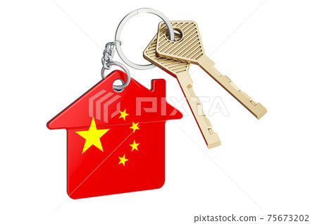 Real estate in China. Home keychain with Chinese flag. Property, rent or mortgage concept. 3D rendering Real estate in China. Home keychain with Chinese flag. Property, rent or mortgage concept. 3D rendering 75673202