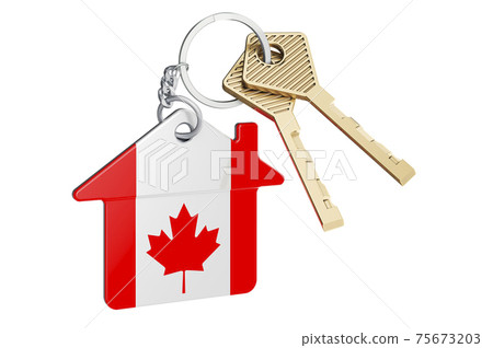 Real estate in Canada. Home keychain with Canadian flag. Property, rent or mortgage concept. 3D rendering 75673203