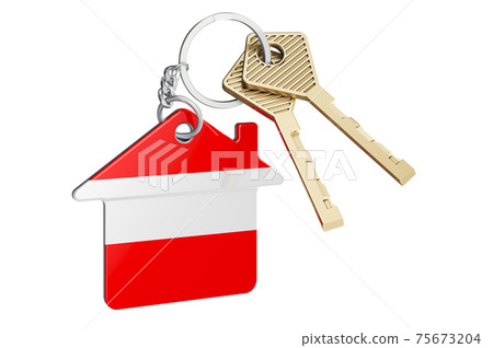 Real estate in Austria. Home keychain with Austrian flag. Property, rent or mortgage concept. 3D rendering Real estate in Austria. Home keychain with Austrian flag. Property, rent or mortgage concept. 3D rendering 75673204