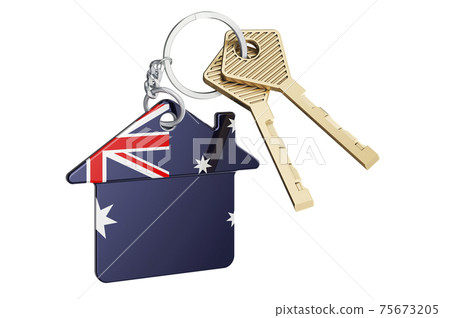Real estate in Australia. Home keychain with Australian flag. Property, rent or mortgage concept. 3D rendering Real estate in Australia. Home keychain with Australian flag. Property, rent or mortgage concept. 3D rendering 75673205