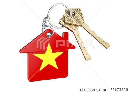 Real estate in Vietnam. Home keychain with Vietnamese flag. Property, rent or mortgage concept. 3D rendering Real estate in Vietnam. Home keychain with Vietnamese flag. Property, rent or mortgage concept. 3D rendering 75673206