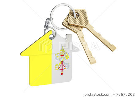 Real estate in Vatican. Home keychain with Vatican flag. Property, rent or mortgage concept. 3D rendering 75673208