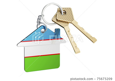 Real estate in Uzbekistan. Home keychain with Uzbek flag. Property, rent or mortgage concept. 3D rendering 75673209