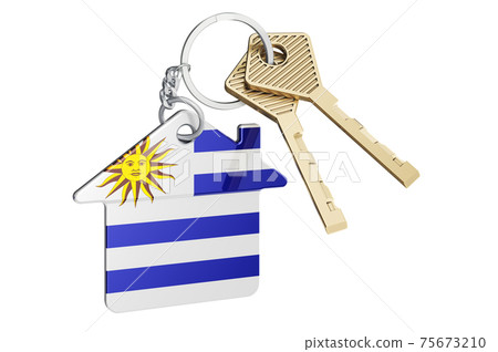Real estate in Uruguay. Home keychain with Uruguayan flag. Property, rent or mortgage concept. 3D rendering Real estate in Uruguay. Home keychain with Uruguayan flag. Property, rent or mortgage concept. 3D rendering 75673210