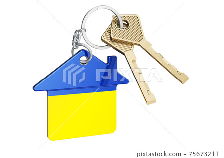 Real estate in Ukraine. Home keychain with Ukrainian flag. Property, rent or mortgage concept. 3D rendering Real estate in Ukraine. Home keychain with Ukrainian flag. Property, rent or mortgage concept. 3D rendering 75673211