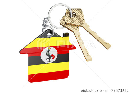 Real estate in Uganda. Home keychain with Ugandan flag. Property, rent or mortgage concept. 3D rendering 75673212
