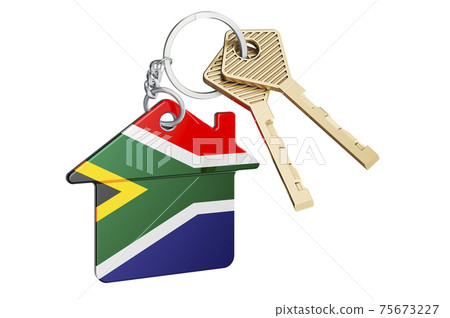 Real estate in South Africa. Home keychain with South African flag. Property, rent or mortgage concept. 3D rendering Real estate in South Africa. Home keychain with South African flag. Property, rent or mortgage concept. 3D rendering 75673227