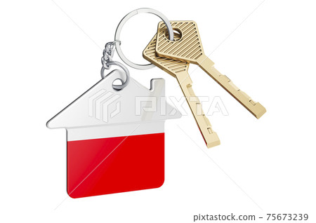 Real estate in Poland. Home keychain with Polish flag. Property, rent or mortgage concept. 3D rendering Real estate in Poland. Home keychain with Polish flag. Property, rent or mortgage concept. 3D rendering 75673239