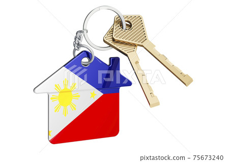 Real estate in Philippines. Home keychain with Philippines flag. Property, rent or mortgage concept. 3D rendering Real estate in Philippines. Home keychain with Philippines flag. Property, rent or mortgage concept. 3D rendering 75673240