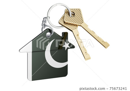 Real estate in Pakistan. Home keychain with Pakistani flag. Property, rent or mortgage concept. 3D rendering Real estate in Pakistan. Home keychain with Pakistani flag. Property, rent or mortgage concept. 3D rendering 75673241