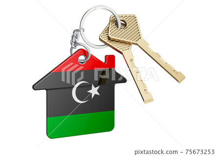 Real estate in Libya. Home keychain with Libyan flag. Property, rent or mortgage concept. 3D rendering Real estate in Libya. Home keychain with Libyan flag. Property, rent or mortgage concept. 3D rendering 75673253