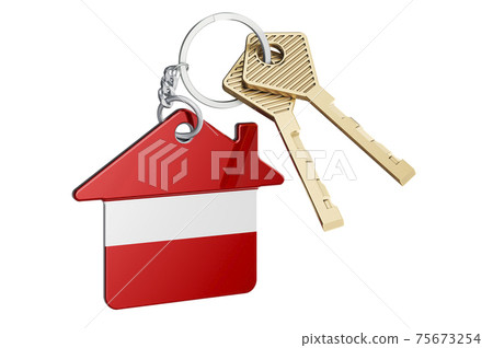 Real estate in Latvia. Home keychain with Latvian flag. Property, rent or mortgage concept. 3D rendering Real estate in Latvia. Home keychain with Latvian flag. Property, rent or mortgage concept. 3D rendering 75673254