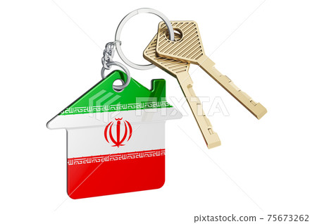 Real estate in Iran. Home keychain with Iranian flag. Property, rent or mortgage concept. 3D rendering Real estate in Iran. Home keychain with Iranian flag. Property, rent or mortgage concept. 3D rendering 75673262