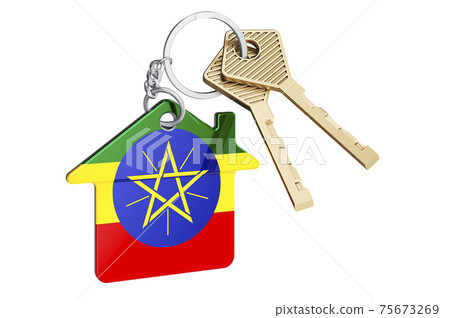 Real estate in Ethiopia. Home keychain with Ethiopian flag. Property, rent or mortgage concept. 3D rendering Real estate in Ethiopia. Home keychain with Ethiopian flag. Property, rent or mortgage concept. 3D rendering 75673269