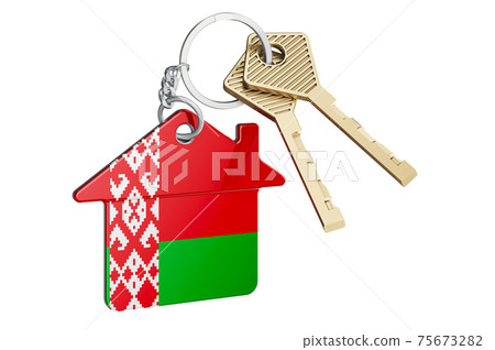 Real estate in Belarus. Home keychain with Belarusian flag. Property, rent or mortgage concept. 3D rendering 75673282