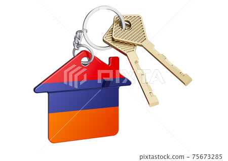 Real estate in Armenia. Home keychain with Armenian flag. Property, rent or mortgage concept. 3D rendering 75673285
