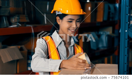 Female warehouse worker working at the storehouse Female warehouse worker working at the storehouse 75674101
