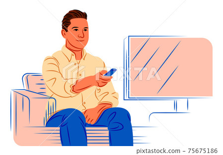 Vector man watching tv in shadow of sharp lines style 75675186