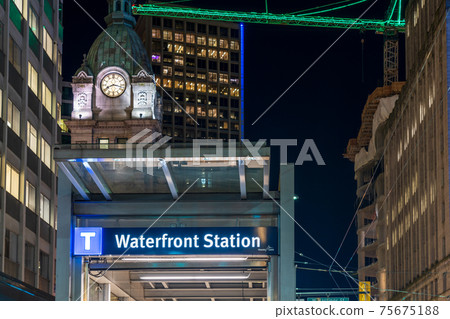 Night street view of The Waterfront Station subway escalator exit. Vancouver, Canada 75675188