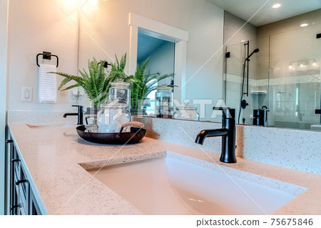 Bathroom vanity with double ceramic sink and mirror that reflects shower stall Bathroom vanity with double ceramic sink and mirror that reflects shower stall 75675846