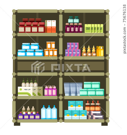 Pharmacy shelves with medical box and bottles for drugs flat concept 75676138