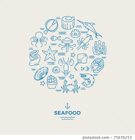 Marine animals, seafood thin line icons in circle design. Restaurant modern logo 75676253