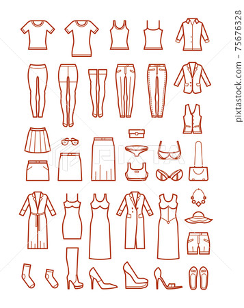 Womens clothing, female fashion line icons set Womens clothing, female fashion line icons set 75676328