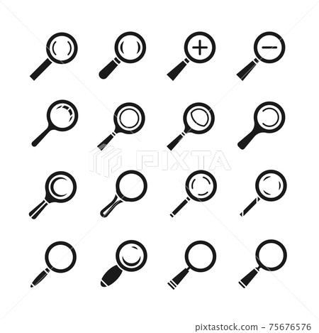 Magnifying glass, magnifier, zoom, search find loupe icons set 75676576