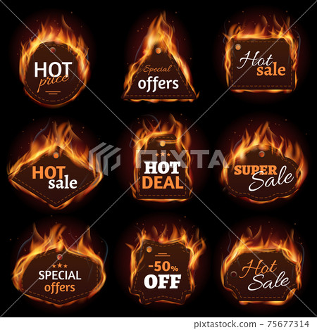 Hot fire sale, price, deal, offer labels, tag, badge set Hot fire sale, price, deal, offer labels, tag, badge set 75677314