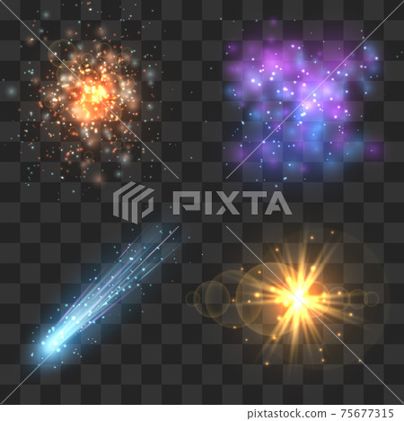 Space cosmos objects, comet, meteor, stars explosion on transparence checkered background 75677315