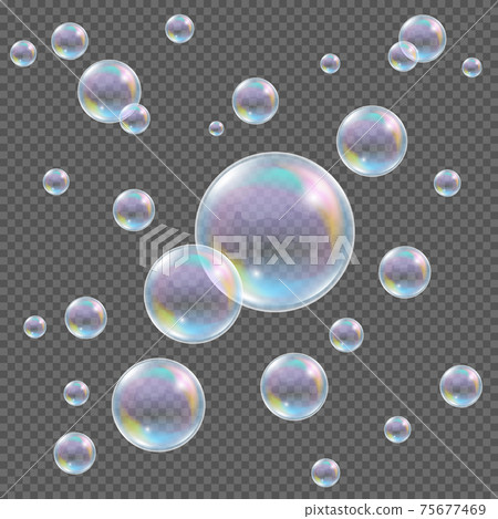 Realistic soap bubbles with rainbow reflection and glares on checkered background 75677469