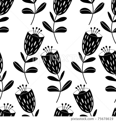 Seamless floral pattern based on traditional folk art ornaments. Black flowers on white background. Scandinavian style. Sweden nordic style. Vector illustration for fabric, textile, wallpaper. Seamless floral pattern based on traditional folk art ornaments. Black flowers on white background. Scandinavian style. Sweden nordic style. Vector illustration for fabric, textile, wallpaper. 75678619